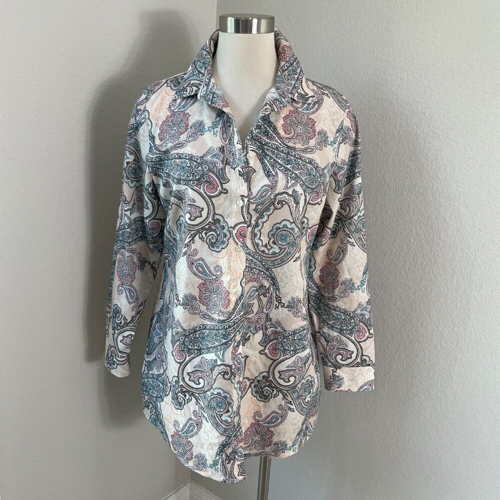 Chicos Womens Large No Iron Paisley Button Up Shirt Long Sleeve Blouse